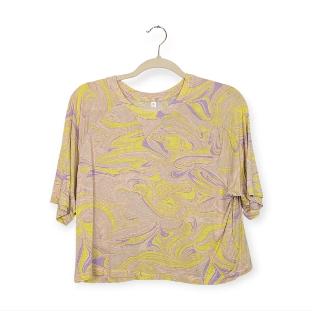 Fabletics Loveday Workout Tee L Swirl Pattern Raglan Short Sleeve Athletic Gym